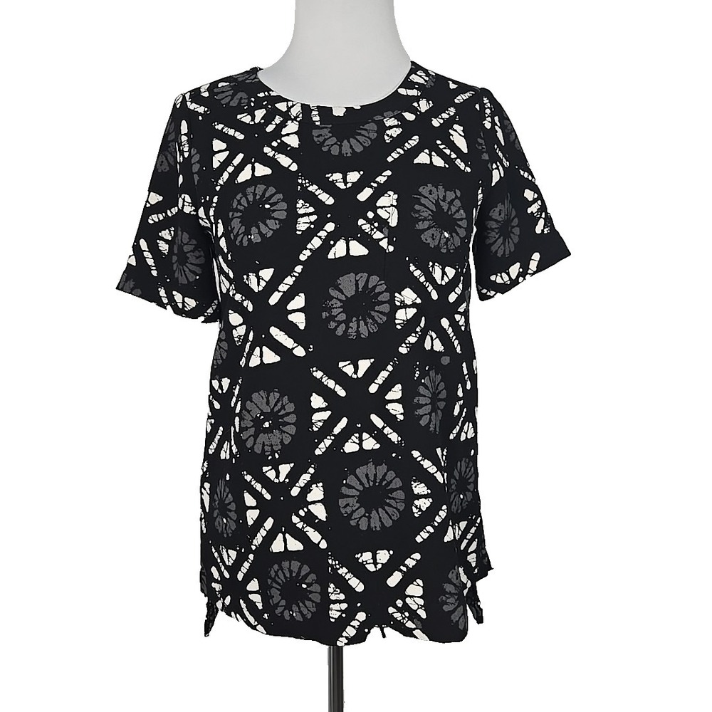 Madewell Black White Print Short Sleeve Back- Button Blouse Top XXS